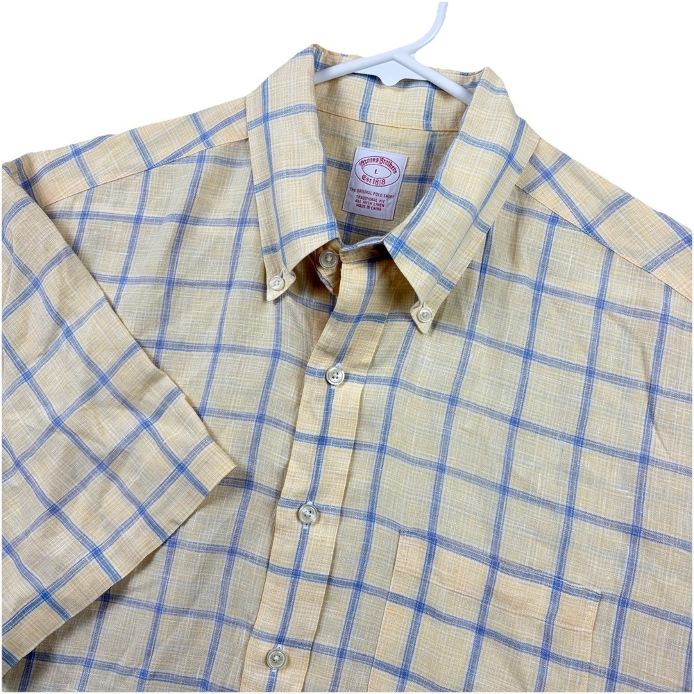 Brooks Brothers Shirt Men's Large Yellow Blue Plaid Irish Linen Button Down
